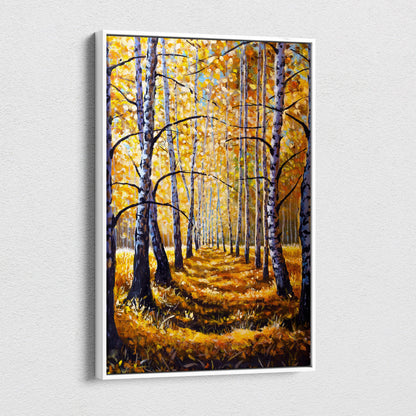 A framed autumn birch forest canvas print featuring white tree trunks and golden yellow leaves under a soft blue sky