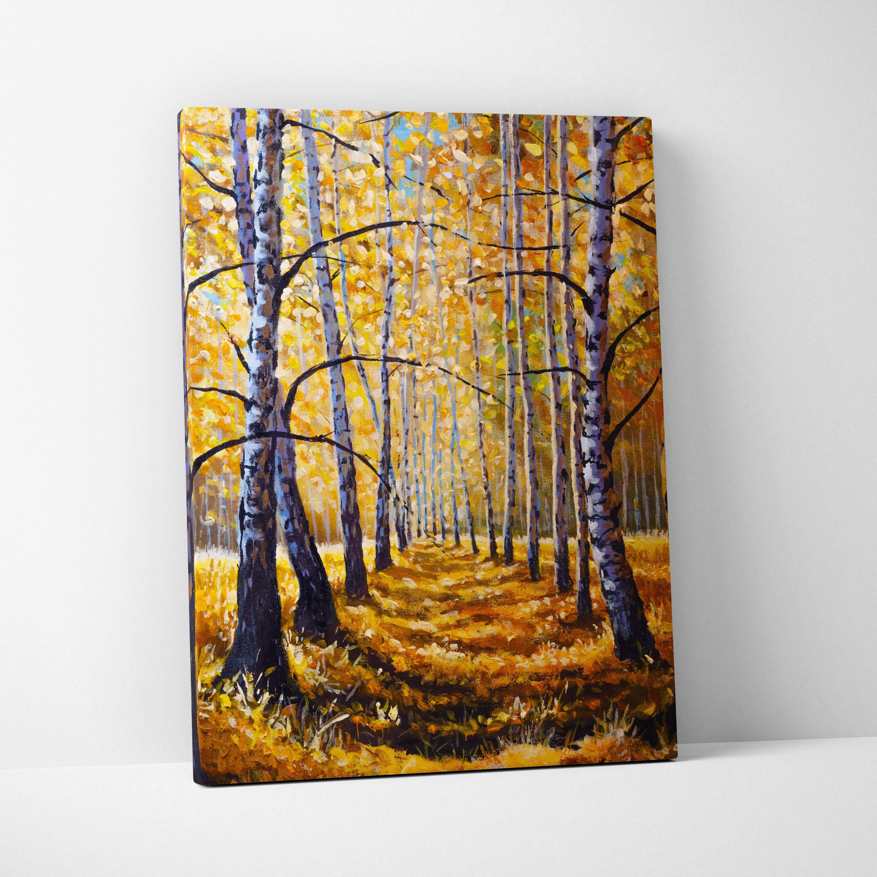 Autumn birch forest canvas print shows a forest path with white and gray tree trunks and golden yellow leaves
