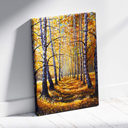 A vibrant autumn birch forest canvas print featuring golden yellow leaves white bark trees and a soft blue sky background