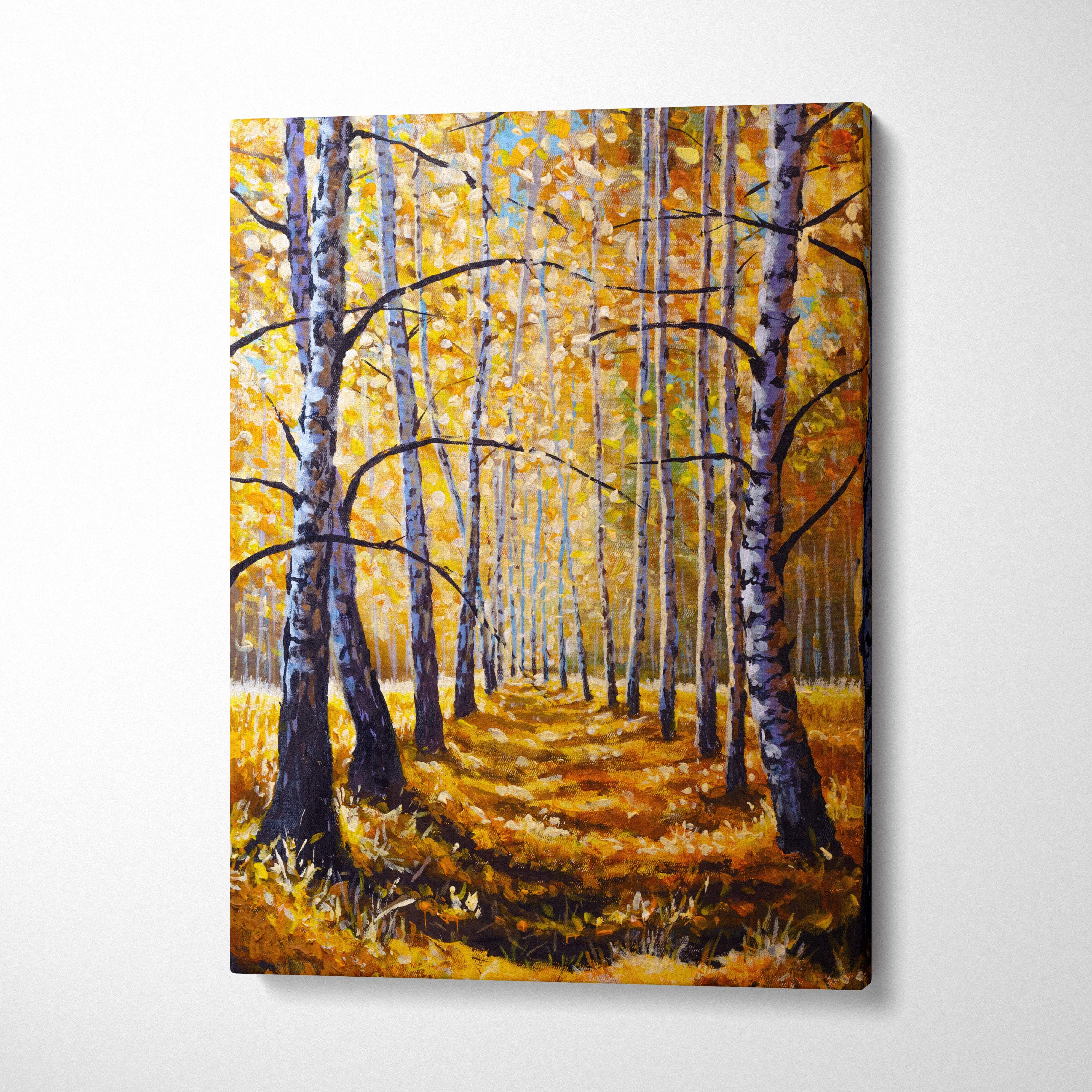 Autumn birch forest canvas print featuring white tree trunks and golden leaves under a soft blue sky in oil painting style