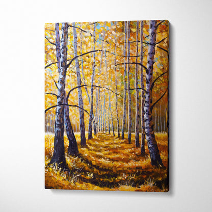 Autumn birch forest canvas print featuring white tree trunks and golden leaves under a soft blue sky in oil painting style