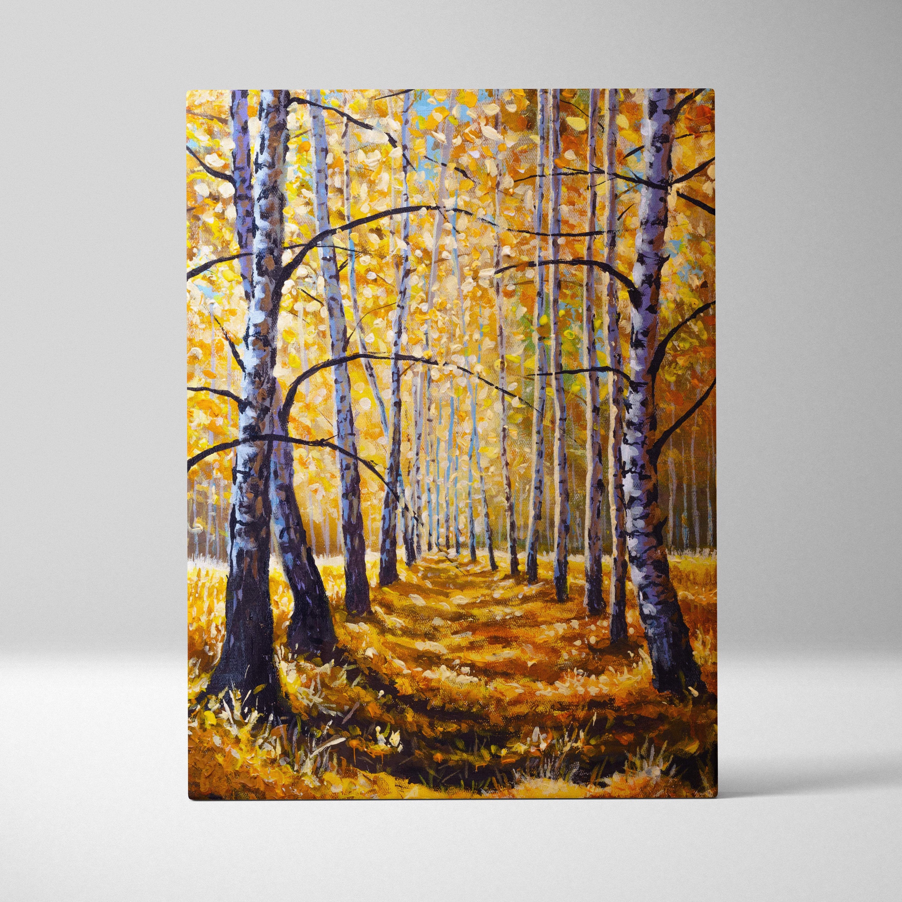 Autumn birch forest canvas print featuring tall white tree trunks and golden yellow leaves in oil painting style