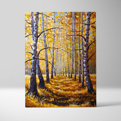 Autumn birch forest canvas print featuring tall white tree trunks and golden yellow leaves in oil painting style