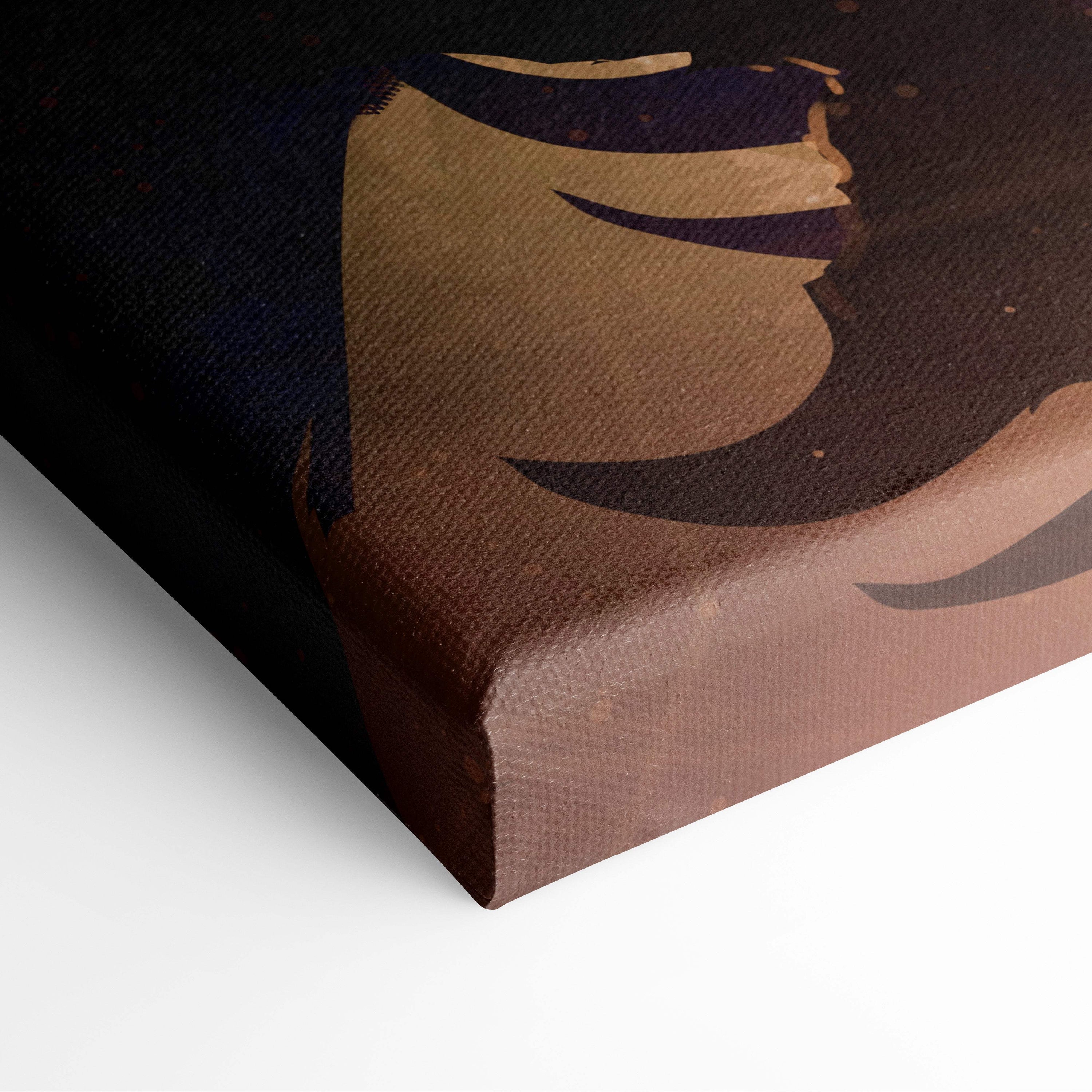 Brown canvas wall art of epic storm rider dark fantasy warrior on giant raven with purple lightning and moody tones