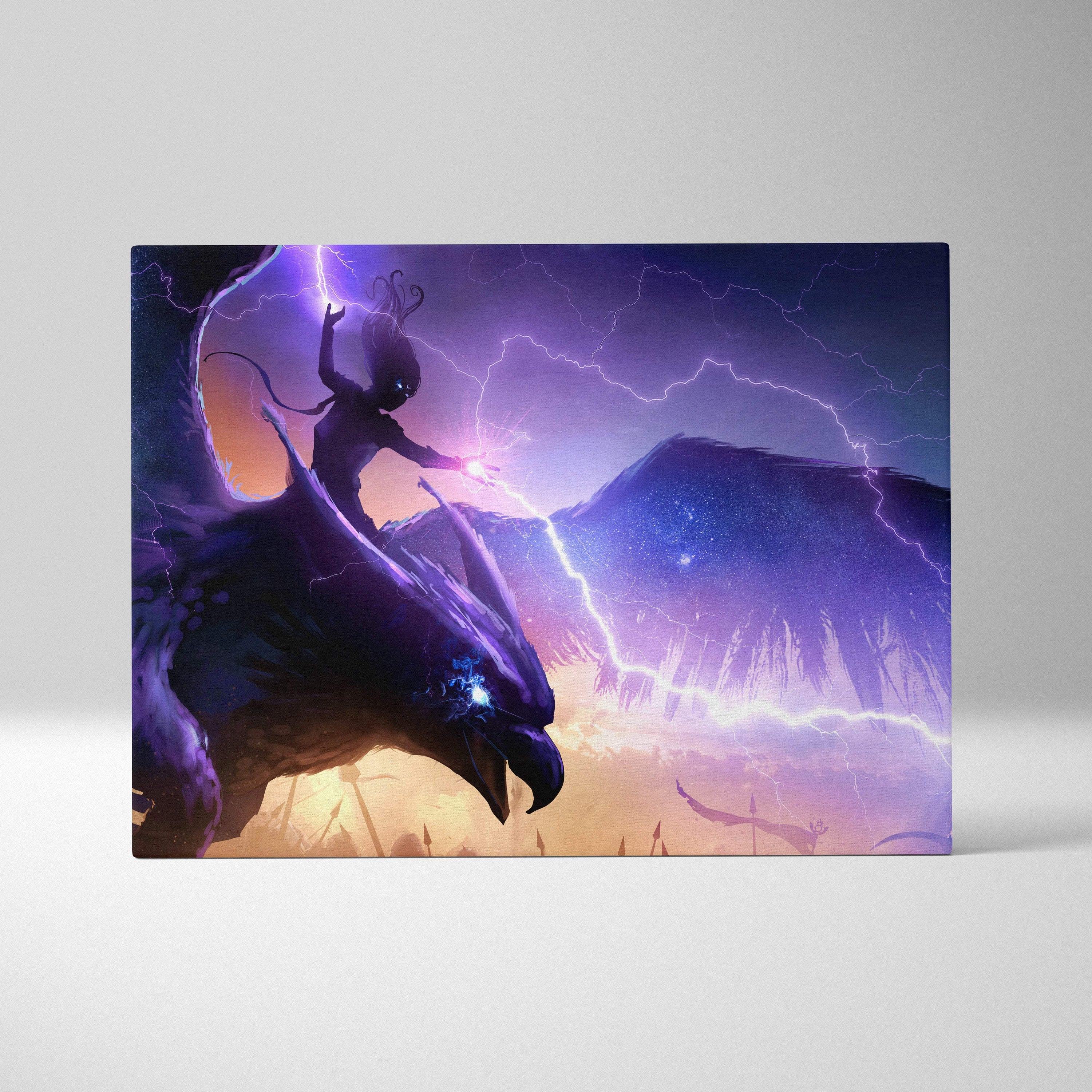 Vibrant canvas wall art of a dark silhouette riding a purple dragon with lightning against a moody twilight sky