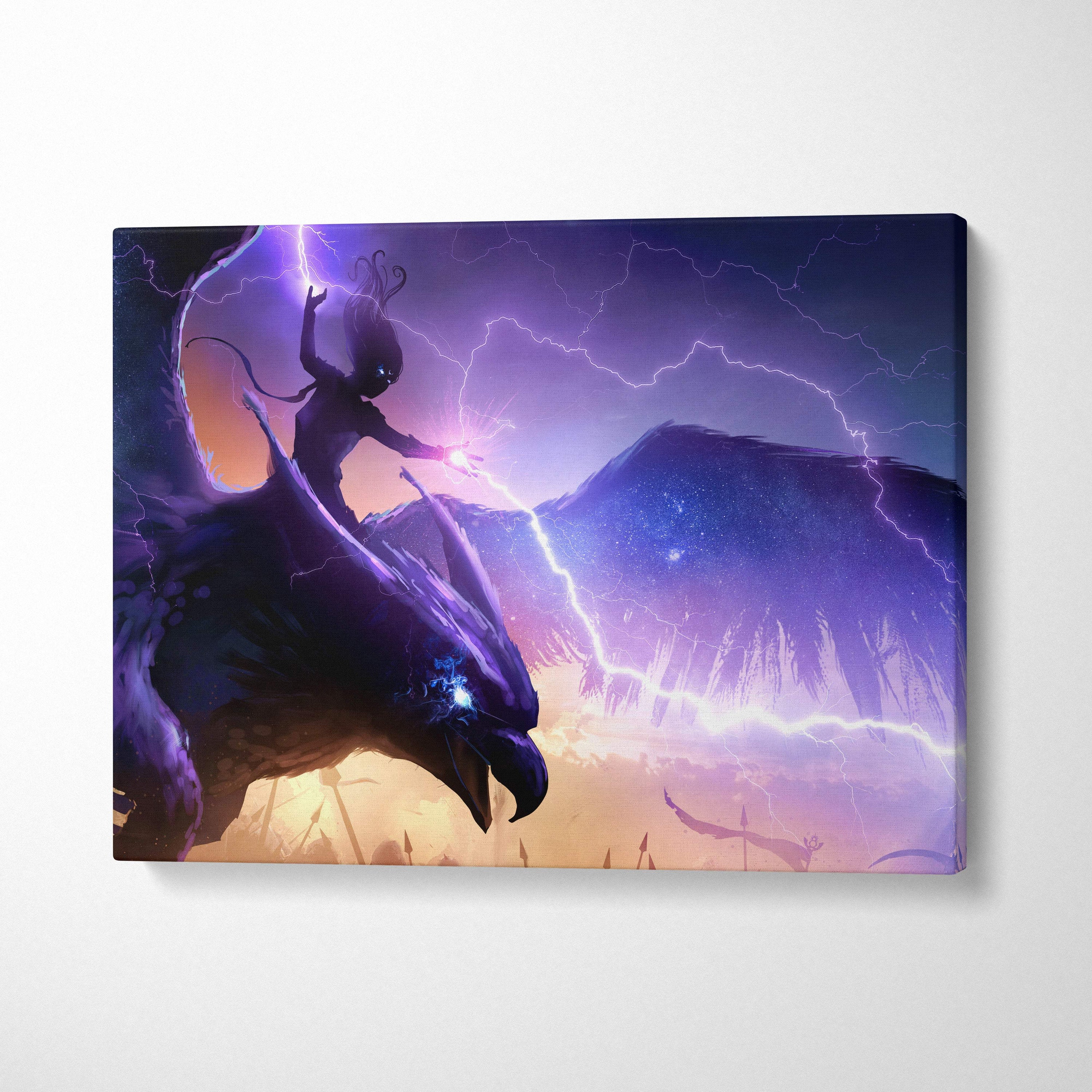 Epic storm rider canvas wall art showing a purple lightning dragon and rider in a moody blue and violet mountain battle scene