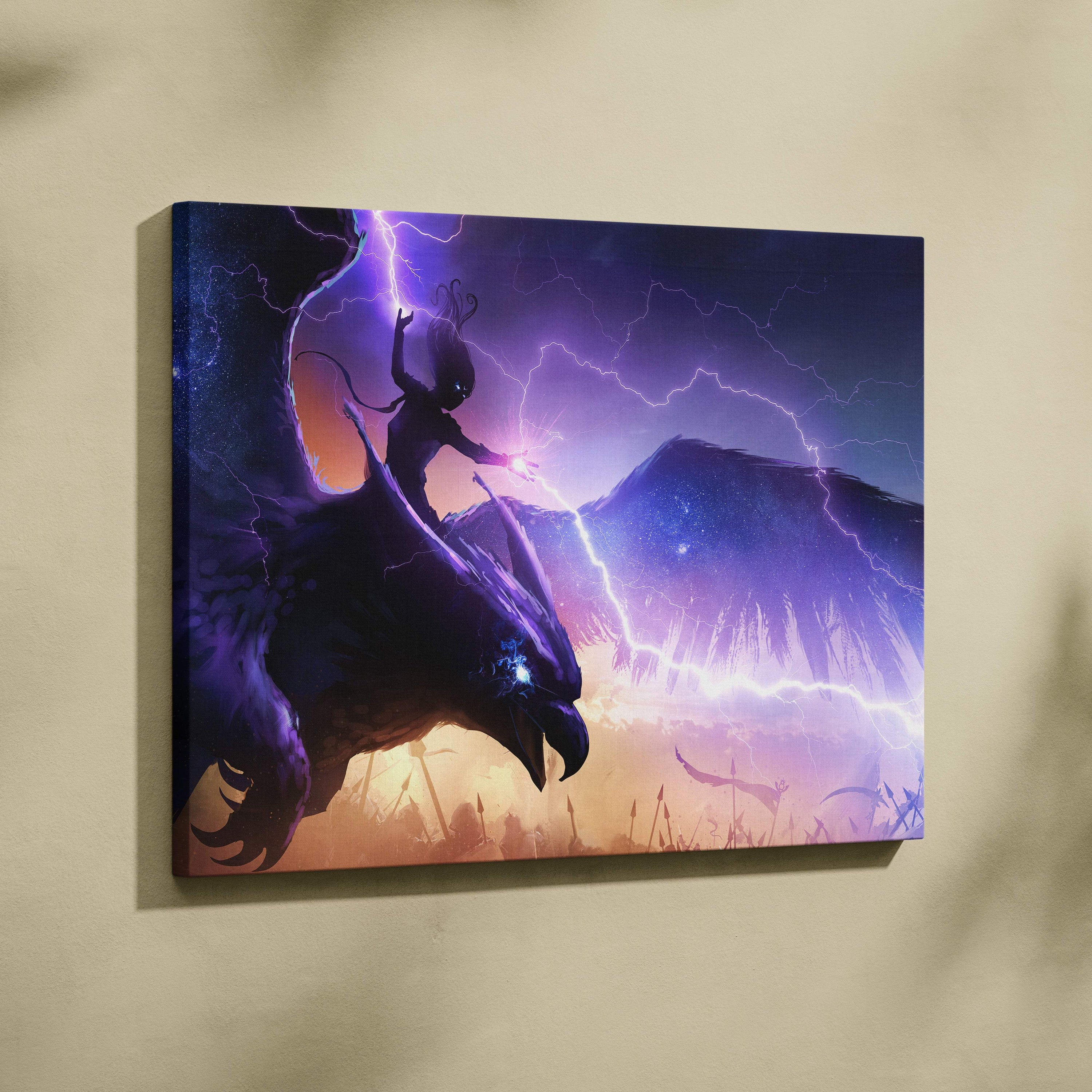 Vibrant epic storm rider canvas wall art depicting a dark fantasy warrior on a dragon with purple lightning and mountains
