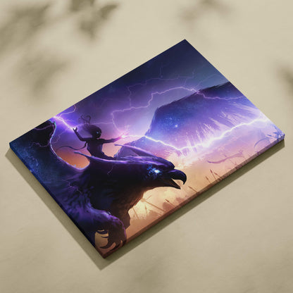 Purple and blue fantasy artwork on stretched canvas showing a warrior riding a dragon amidst lightning storm