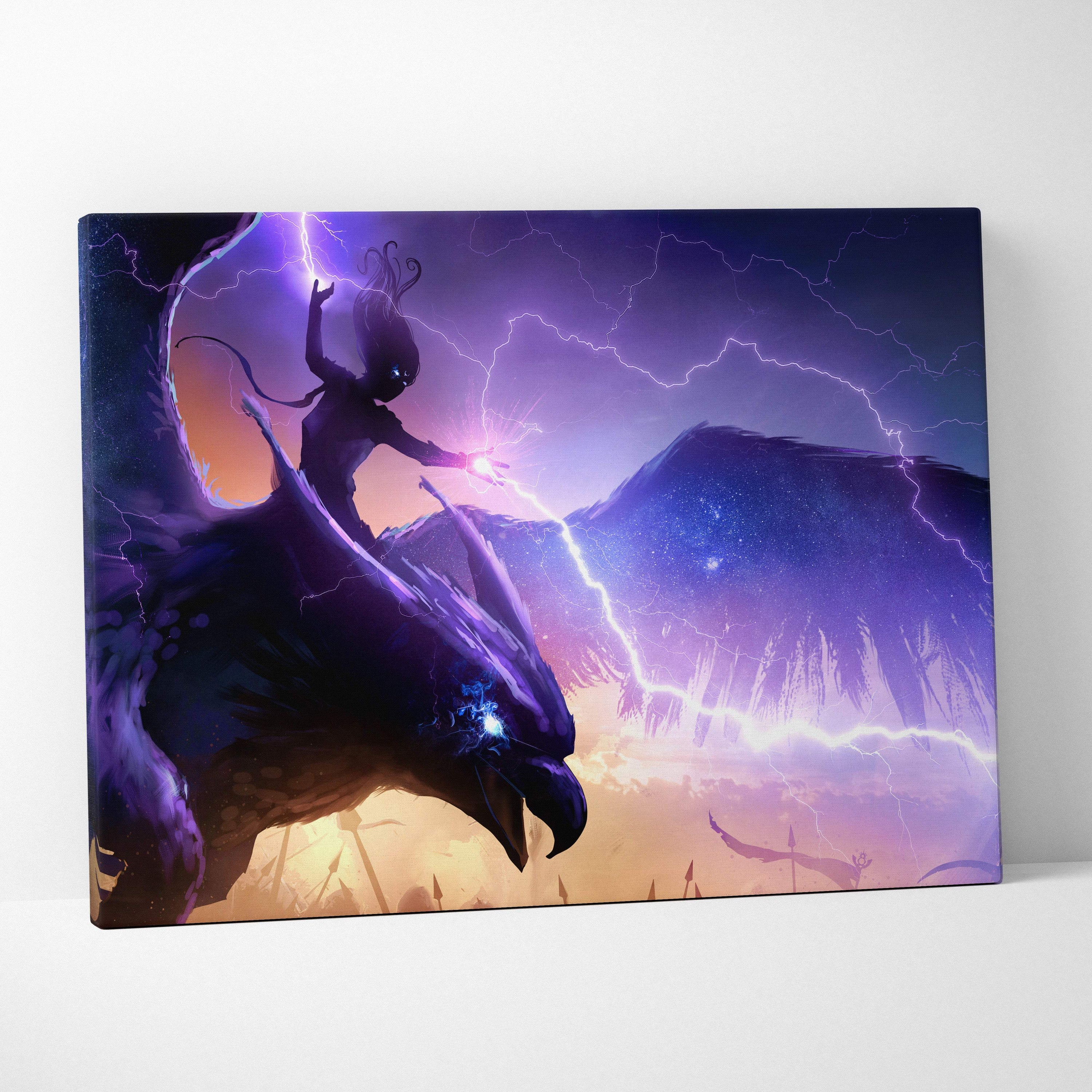 Epic storm rider canvas wall art featuring a dark winged creature with blue eyes and purple lightning in a dramatic sky