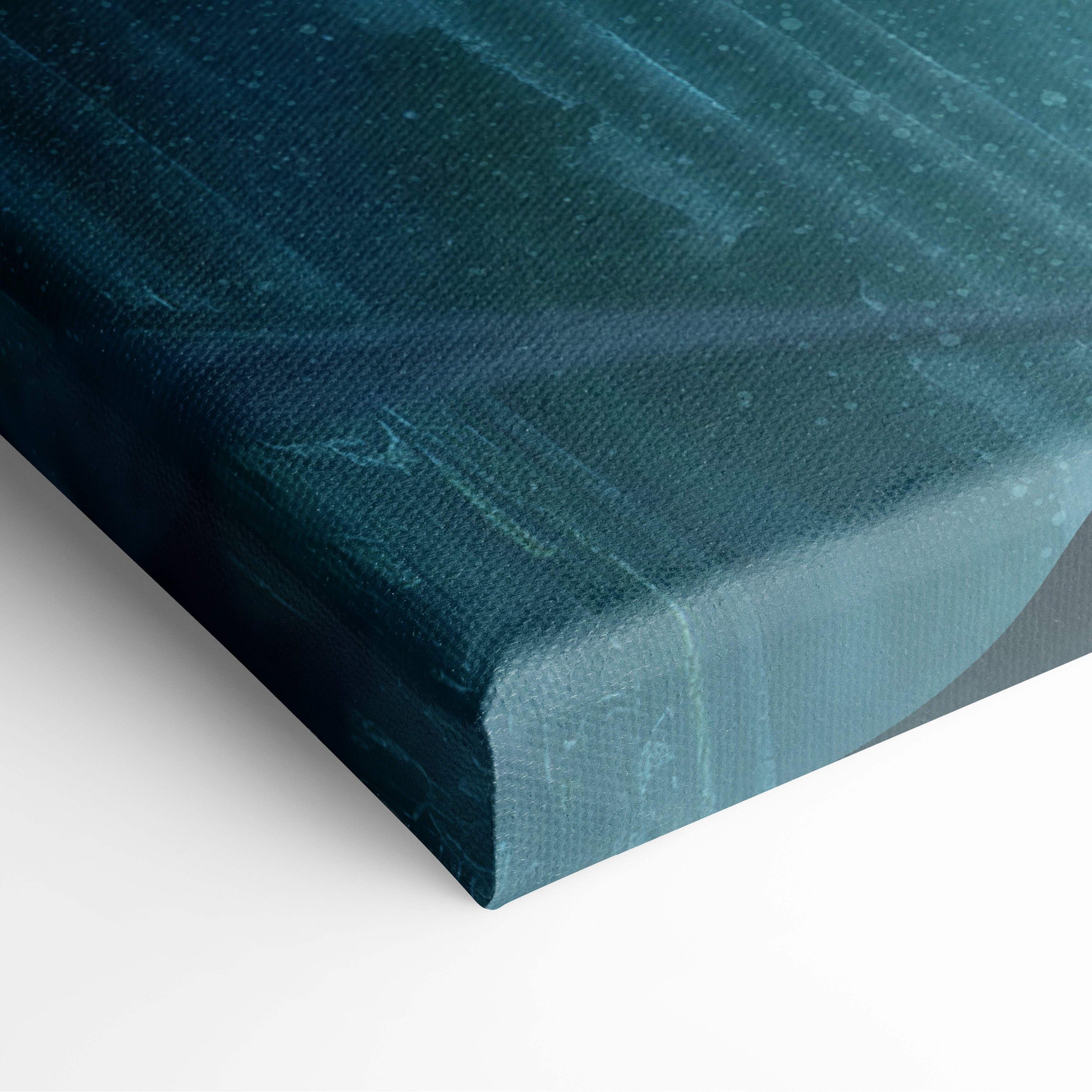 Dark fantasy sword wielder canvas wall art with textured teal abstract background and glowing blue eyes silhouette