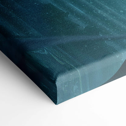 Dark fantasy sword wielder canvas wall art with textured teal abstract background and glowing blue eyes silhouette