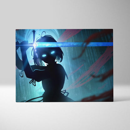 Dark fantasy sword wielder canvas wall art with glowing blue eyes silhouette wielding blade in gothic cathedral setting