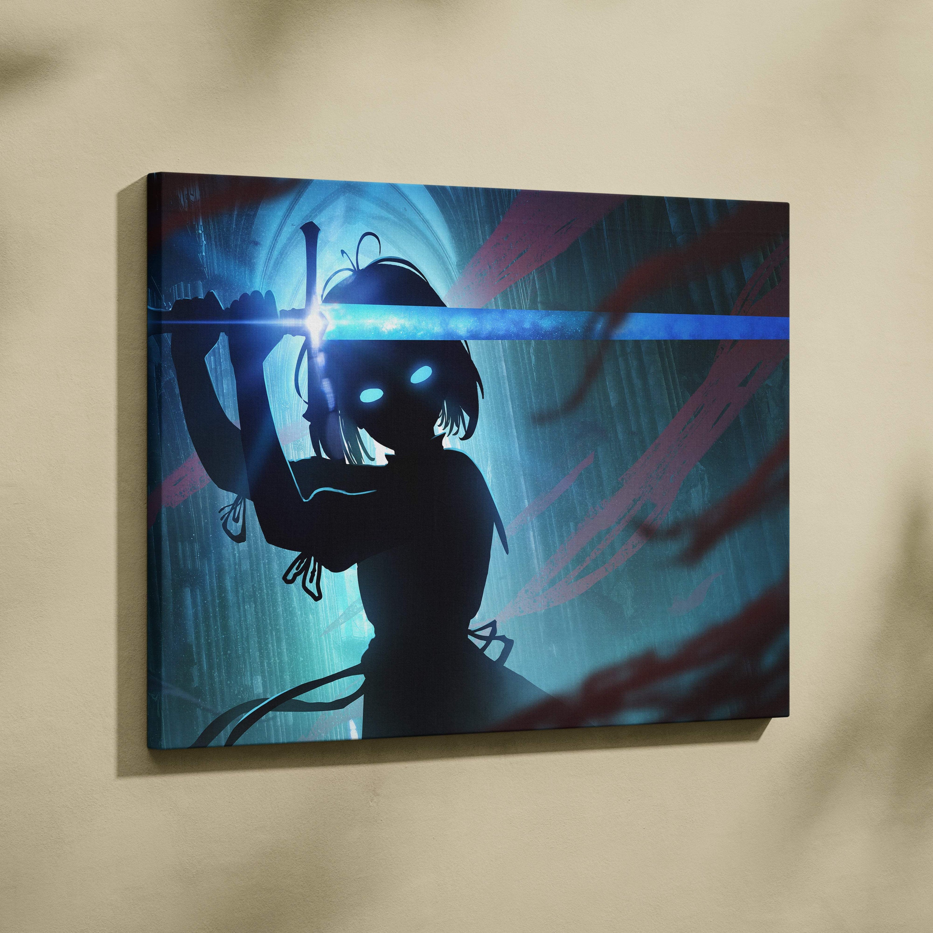 Blue and black anime-style canvas wall art featuring a glowing sword wielding silhouette in gothic cathedral setting