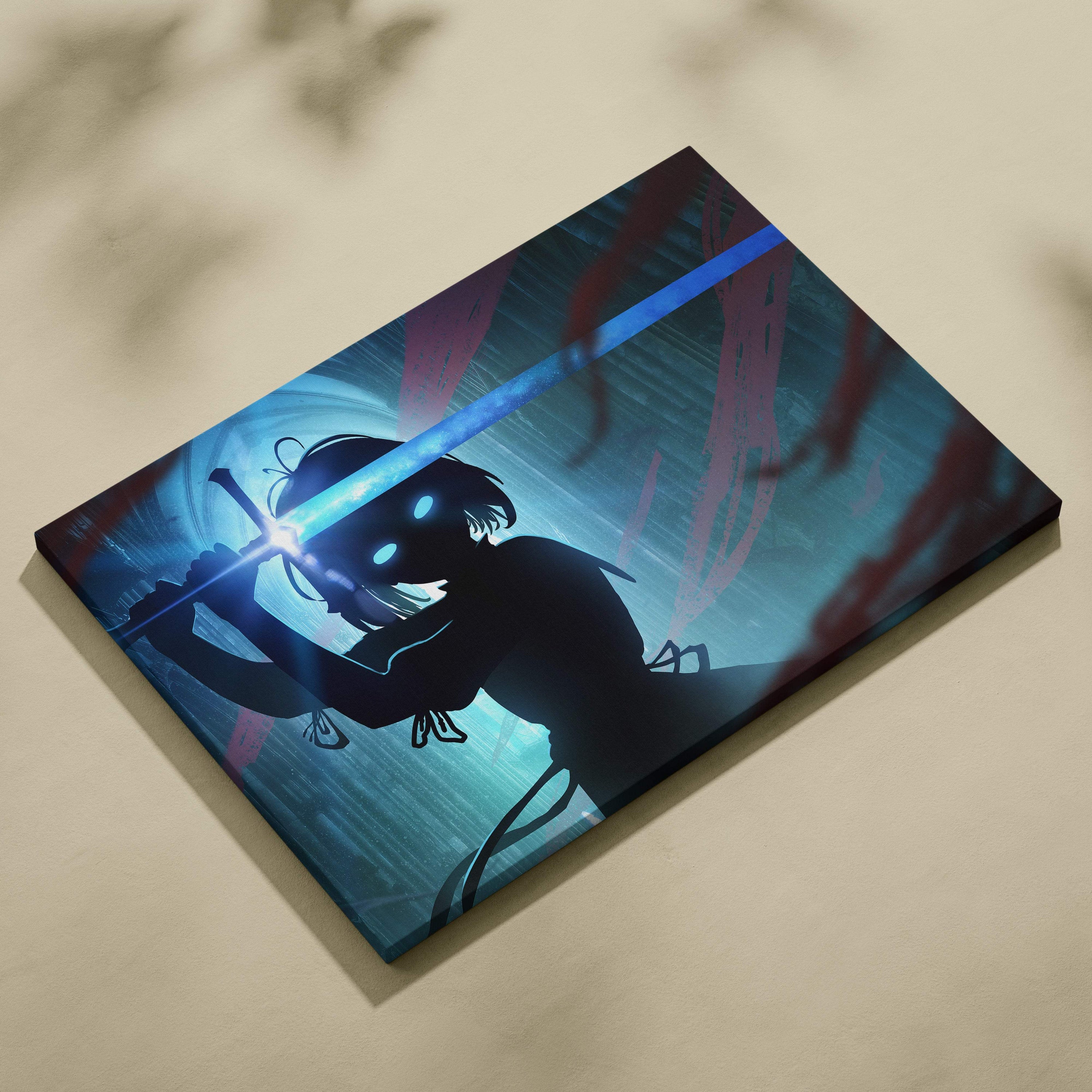 Dark fantasy sword wielder canvas wall art with blue glowing eyes silhouette and blade in gothic cathedral setting