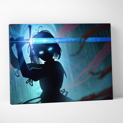 Dark fantasy sword wielder canvas wall art featuring a glowing blue sword silhouette with moody teal and crimson accents