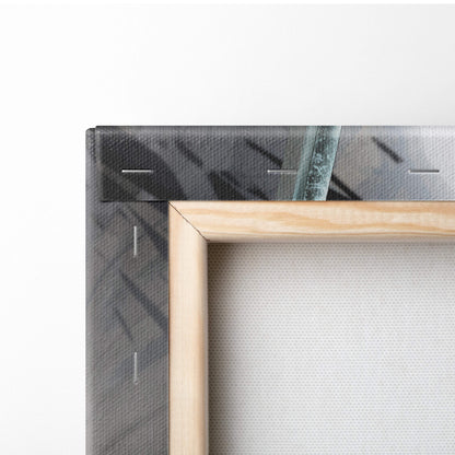 Dark gothic knight canvas print with light wood frame dark gray textured border and subtle metallic accents