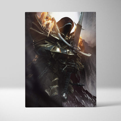 Dark gothic knight canvas wall art featuring a hooded skull warrior in black armor with glowing orange motifs and sword