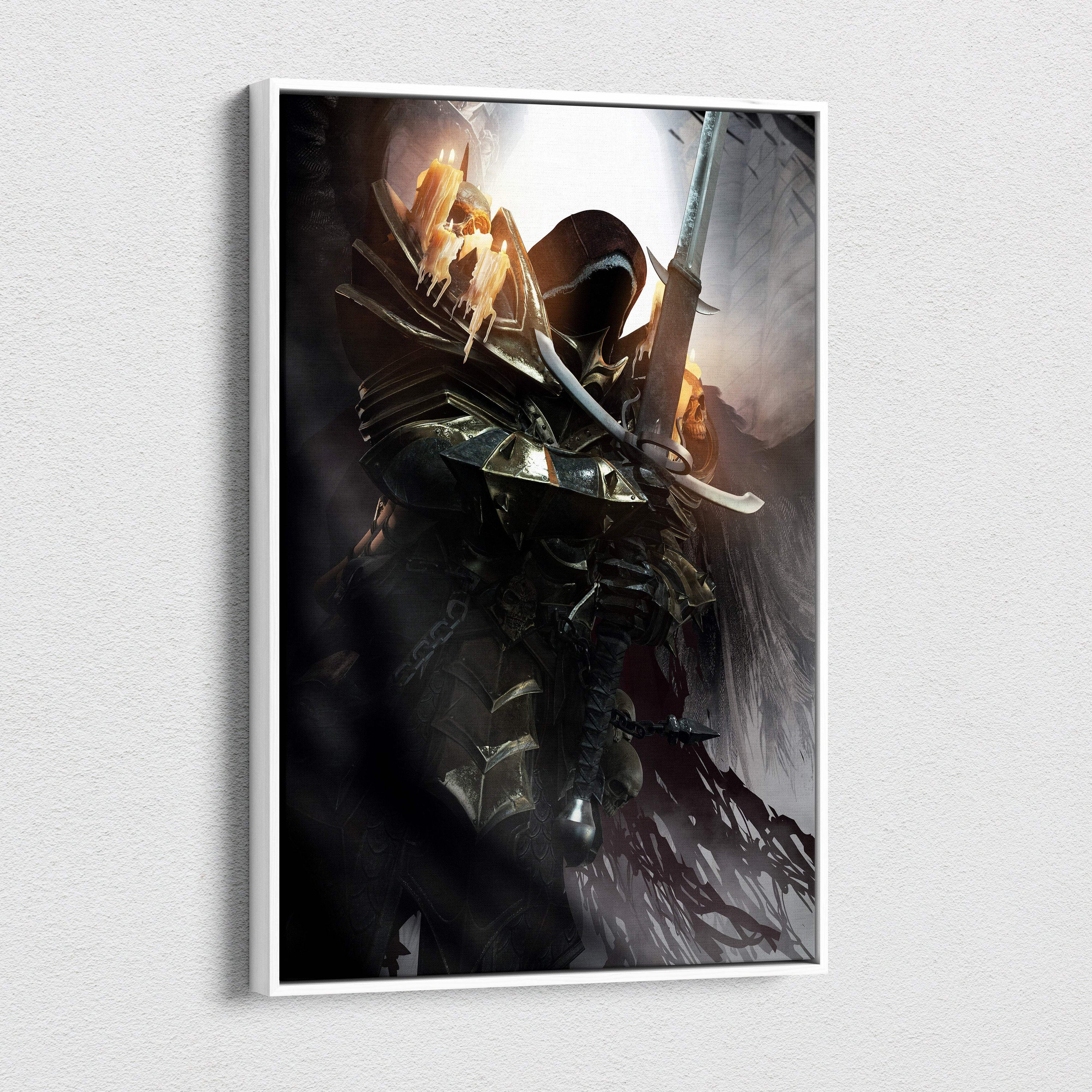 Dark gothic knight canvas wall art featuring a black and silver armored hooded skull warrior with glowing sword and candlelight