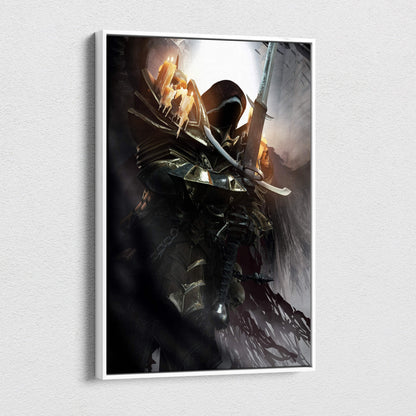 Dark gothic knight canvas wall art featuring a black and silver armored hooded skull warrior with glowing sword and candlelight