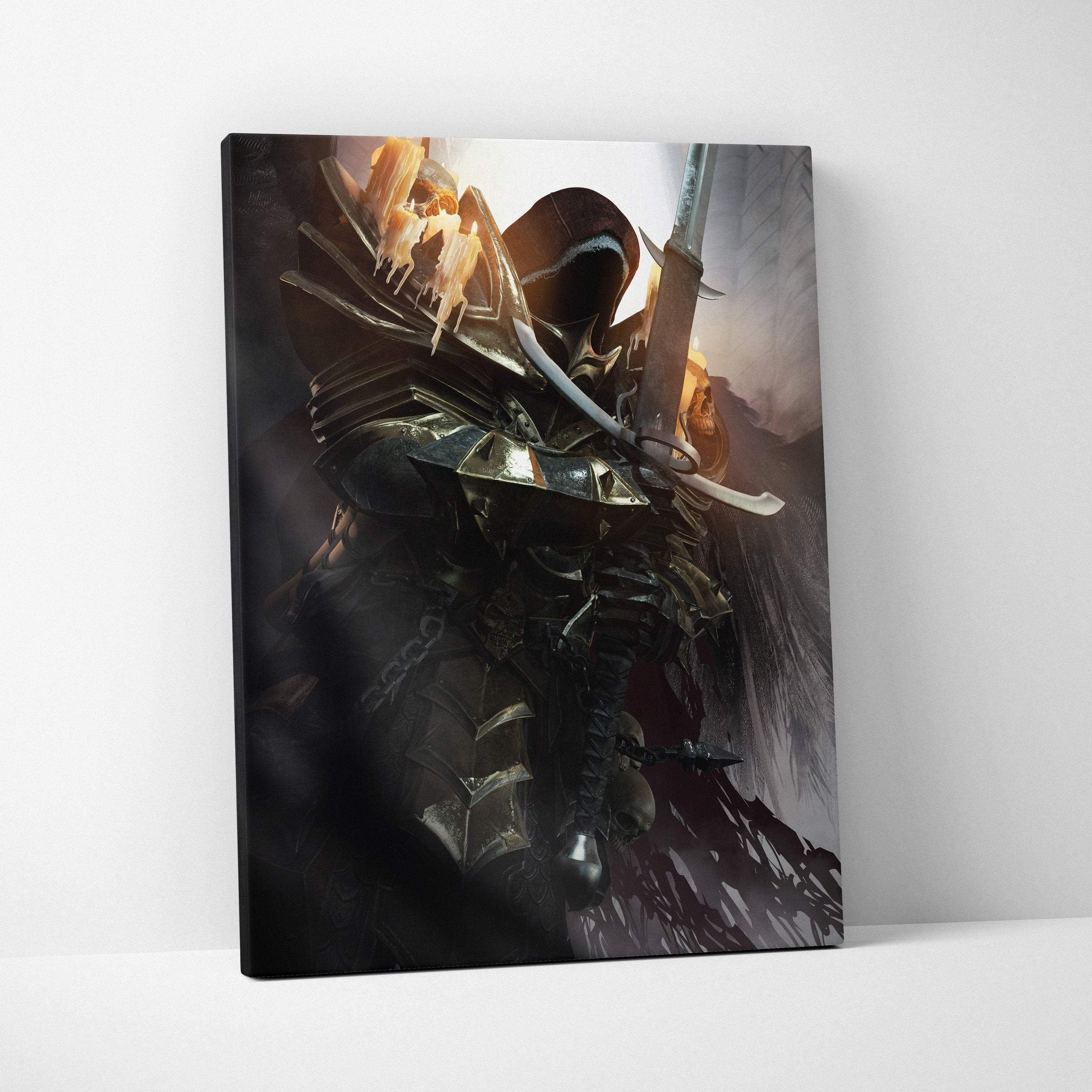 Dark gothic knight canvas wall art featuring black and silver armored warrior with glowing orange accents and sword