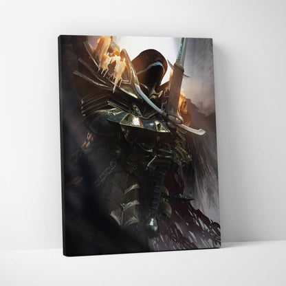 Dark gothic knight canvas wall art featuring black and silver armored warrior with glowing orange accents and sword
