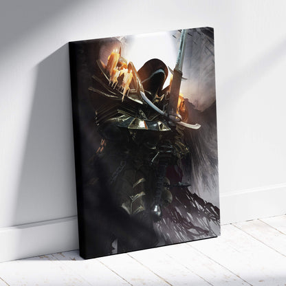 Black canvas print of a dark gothic knight with hooded skull, sword, black armor, and glowing orange flames in candlelight