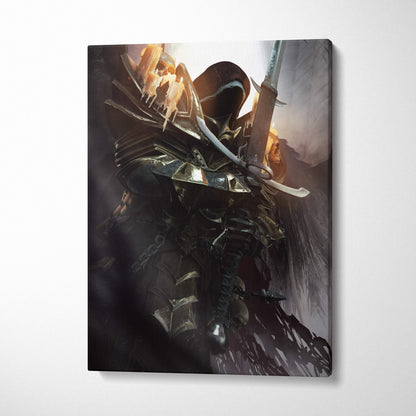 Dark gothic knight canvas wall art featuring a hooded skull warrior in black armor with glowing orange skull motifs