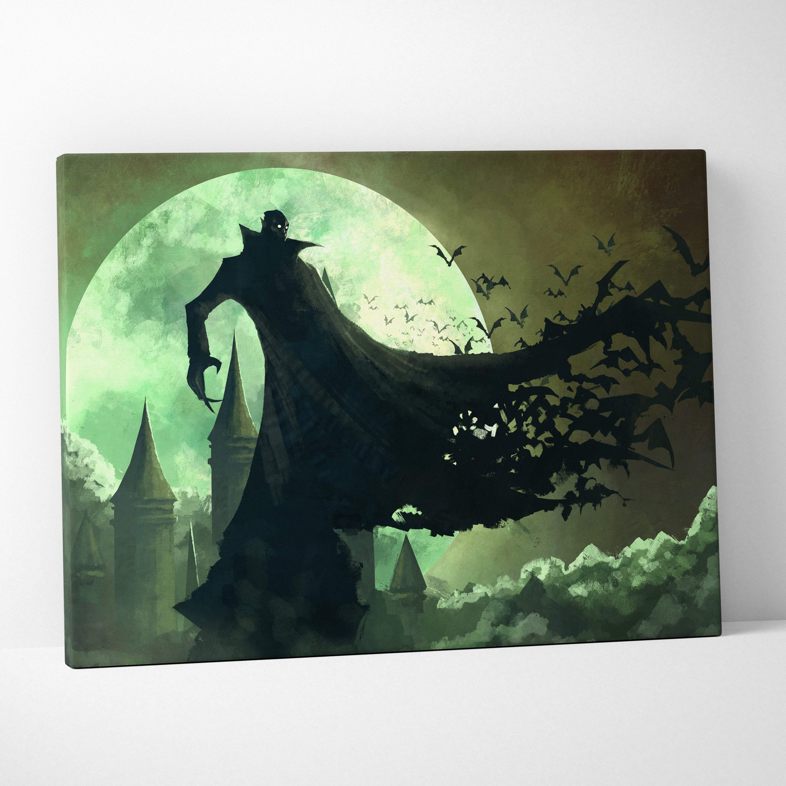 Vampire castle canvas print featuring a dark silhouetted vampire with bats before a large green moon for gothic decor