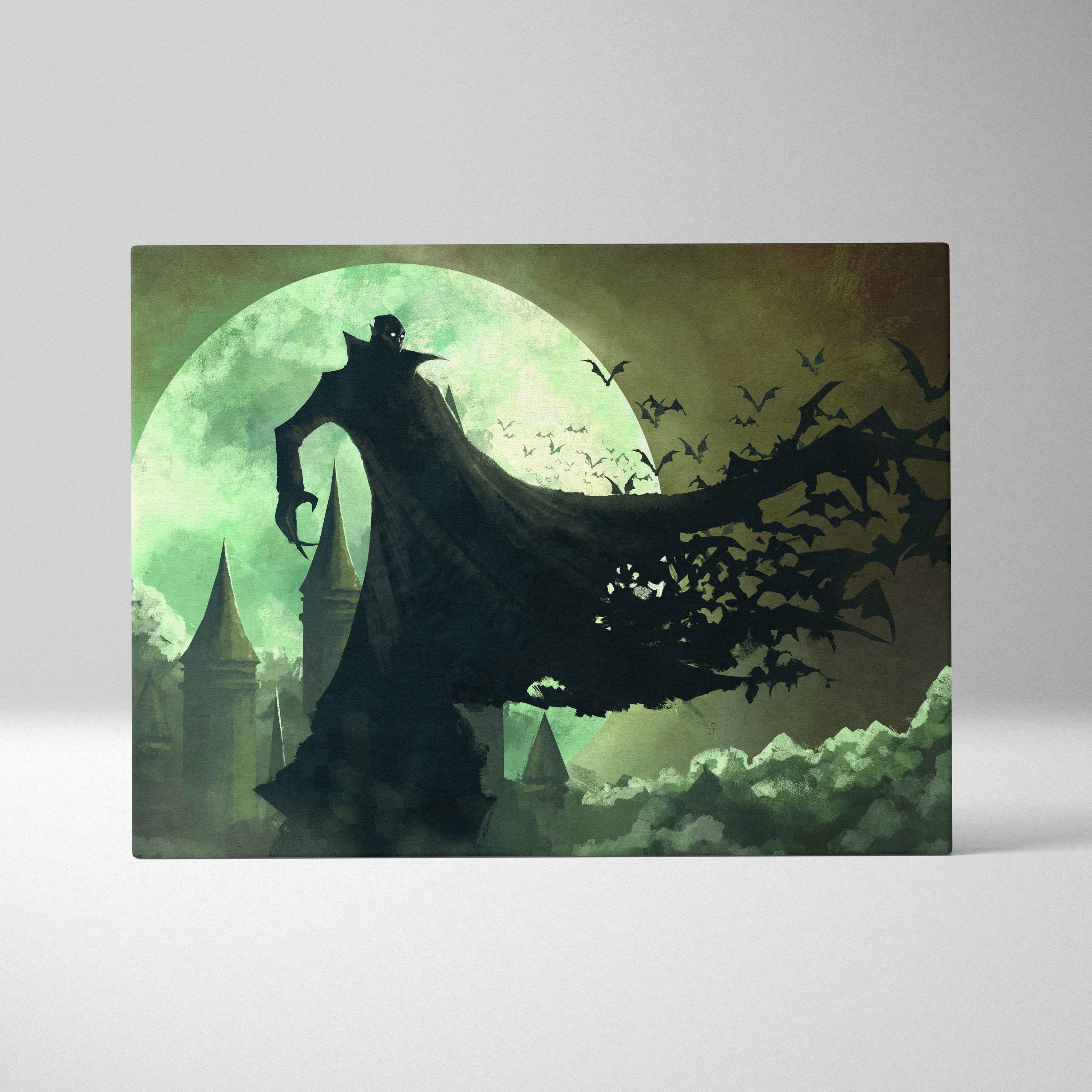 Vampire castle canvas print featuring a gothic silhouette cloaked figure with bats and green moon above castle spires