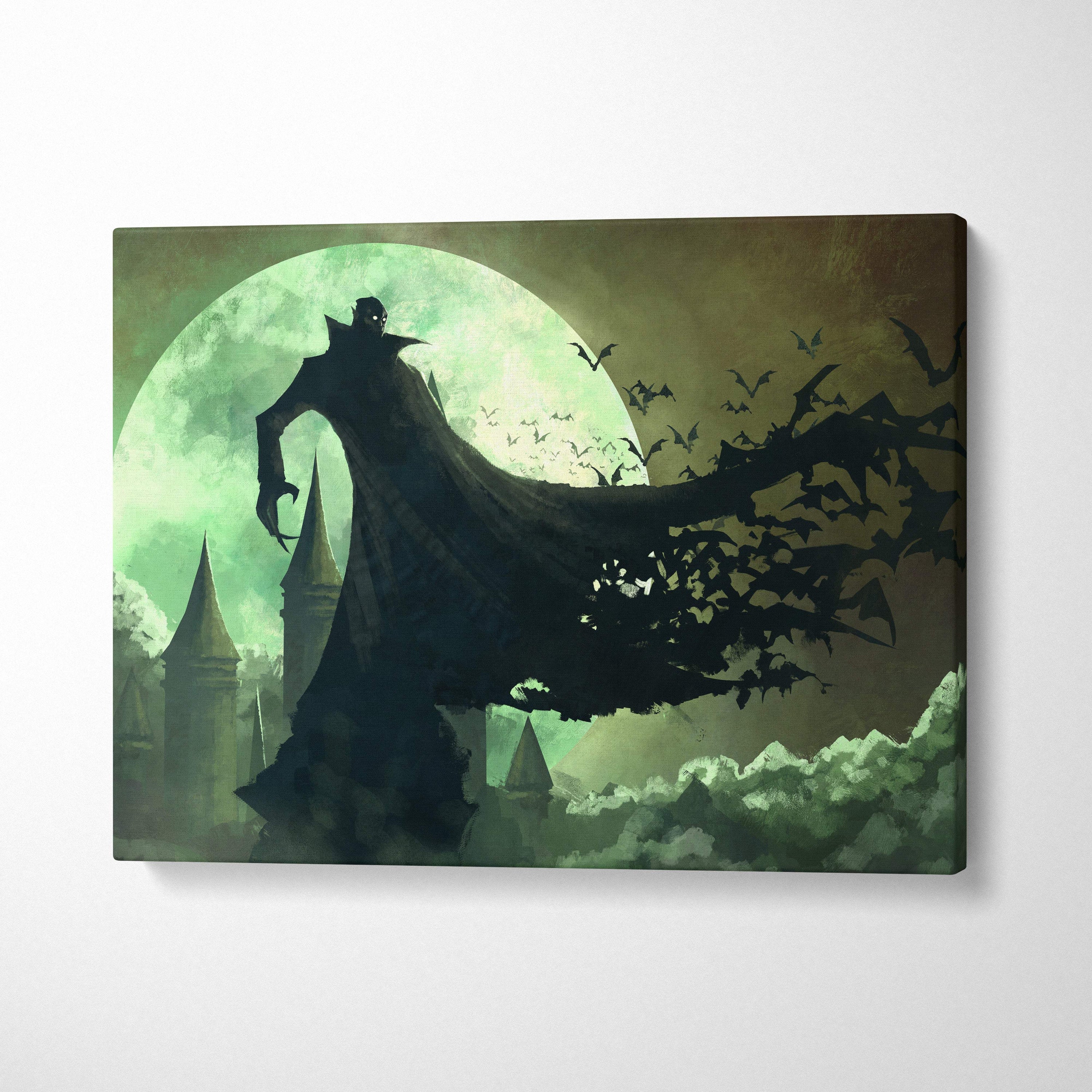Gothic silhouette canvas print of cloaked figure and bats against green moonlit sky for horror fantasy wall art