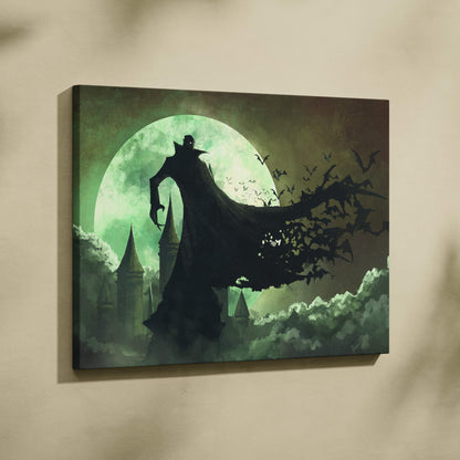 Vampire castle canvas print with green moon silhouette bats and gothic spires dark horror fantasy decor