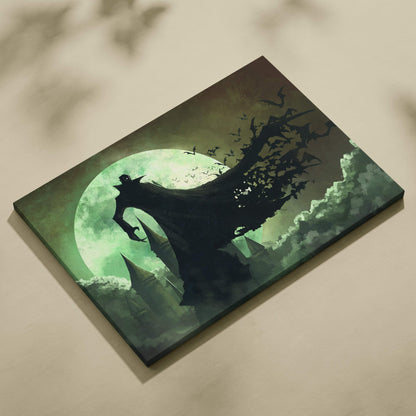 Vampire castle canvas print featuring a dark cloaked figure silhouette with a green moon gothic wall art design