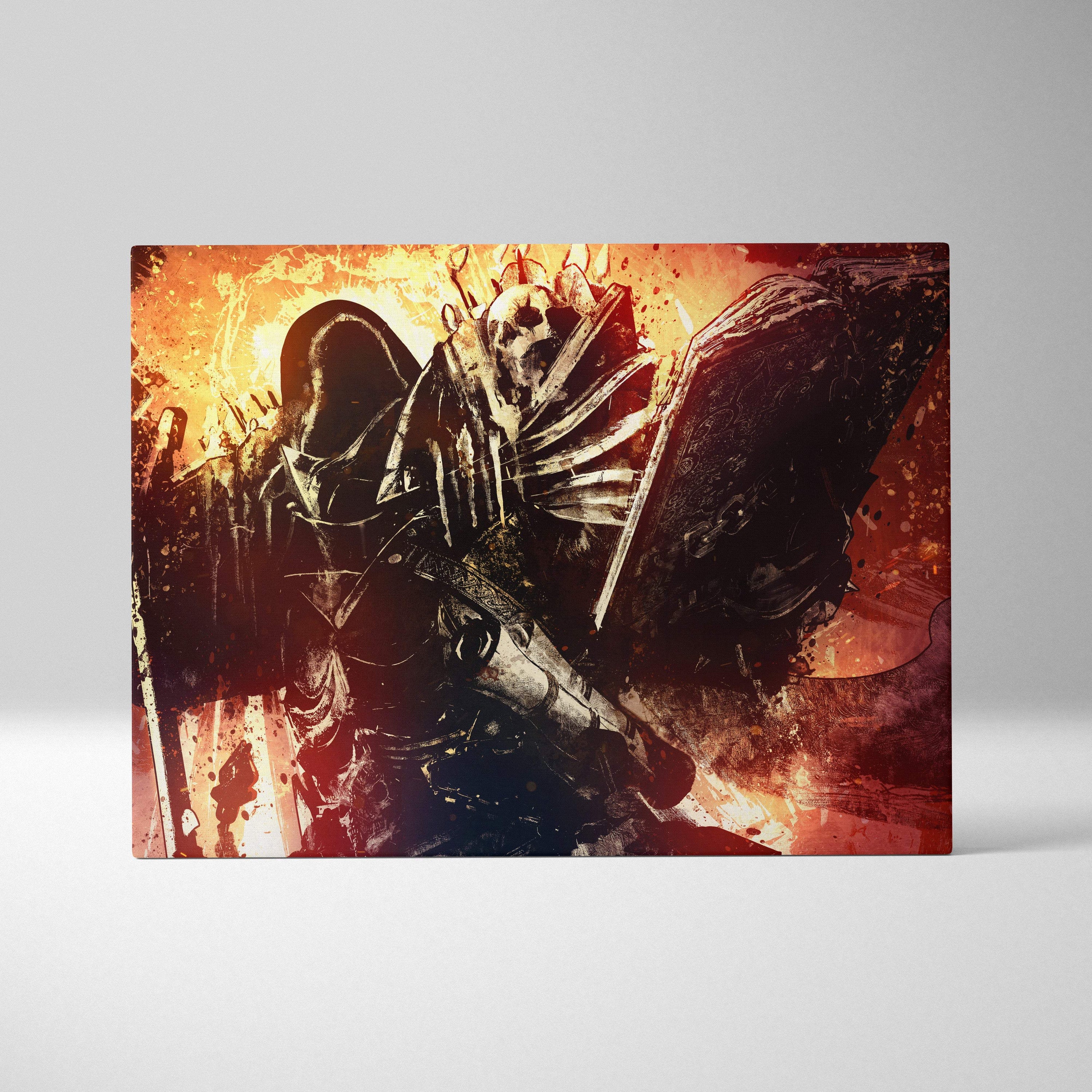 Dark knight skull warrior canvas wall art featuring fiery red and orange gothic armor with ornate weapon and skull emblem