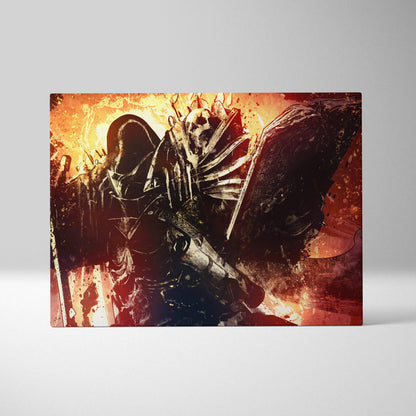 Dark knight skull warrior canvas wall art featuring fiery red and orange gothic armor with ornate weapon and skull emblem