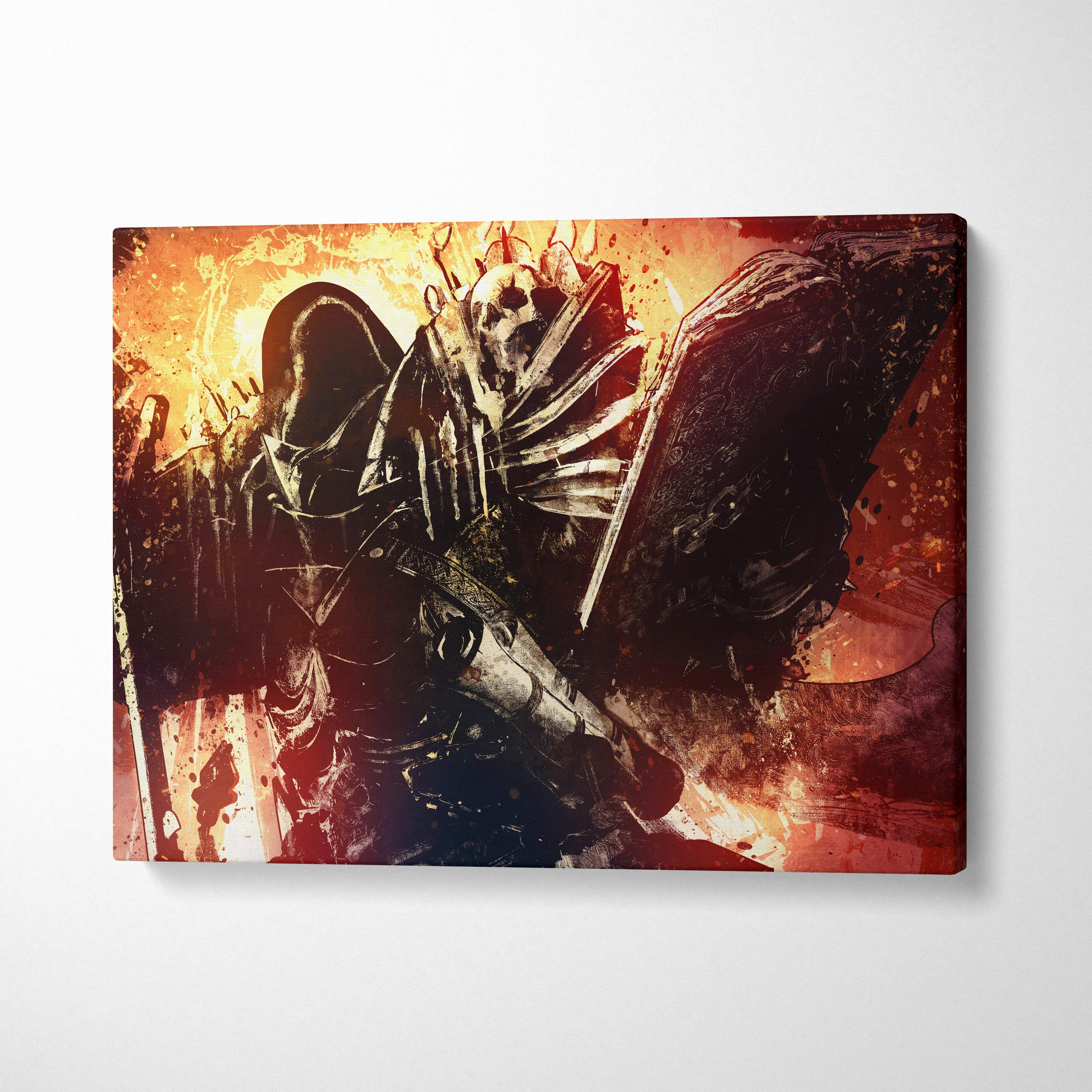 Dark knight skull warrior canvas wall art featuring a fiery red and orange gritty skeletal warrior with armor shield and sword