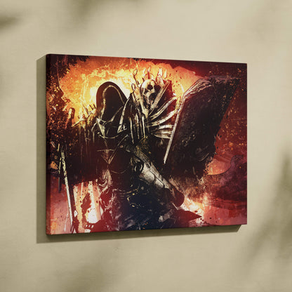 Dark knight skull warrior canvas wall art with fiery red and orange gothic armor and wings on rectangular canvas