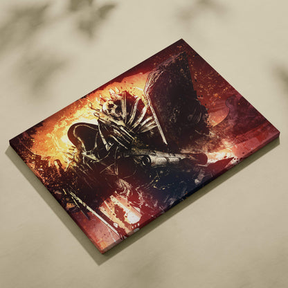 A rectangular canvas print of a dark knight skull warrior in fiery red and orange gothic armor with dramatic lighting