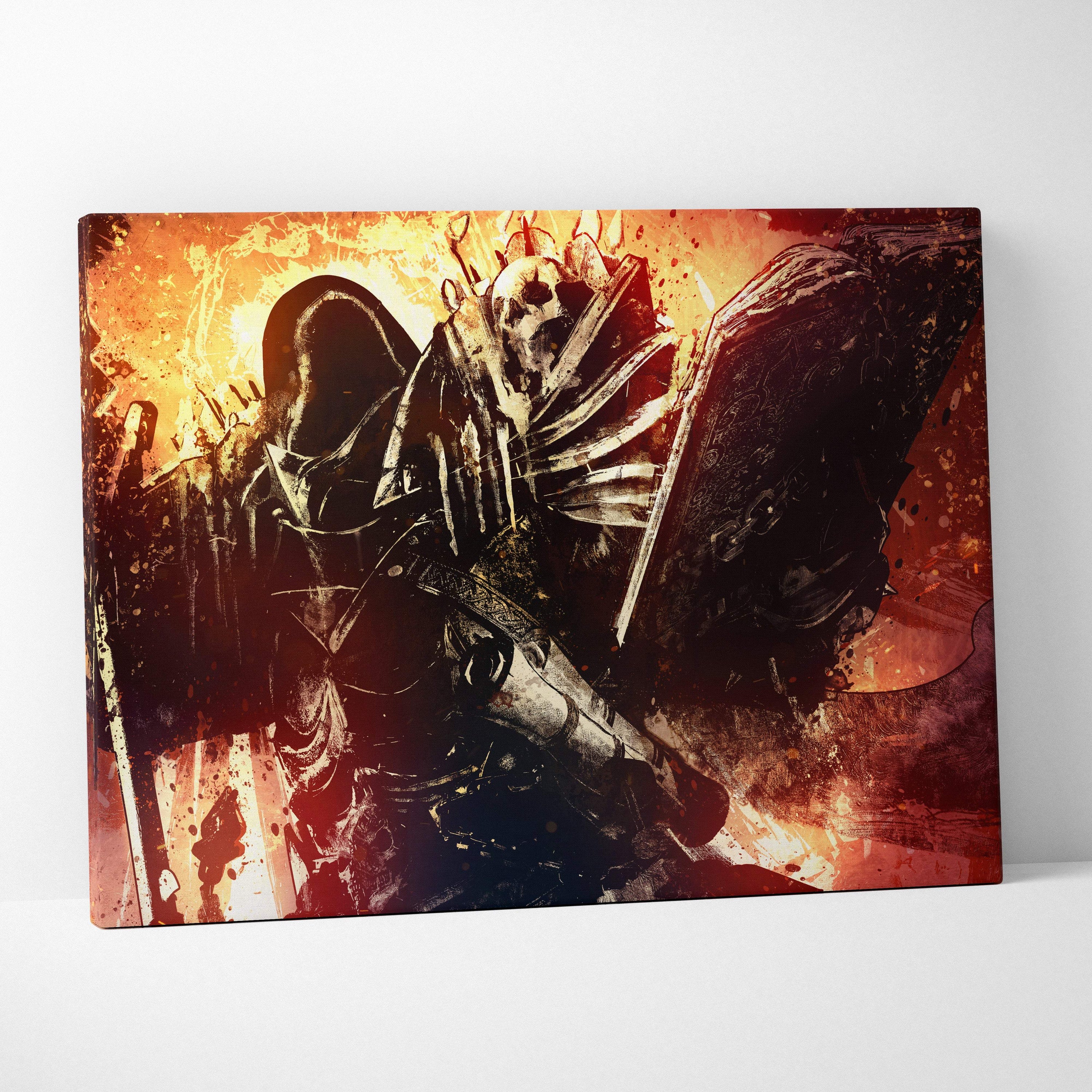Dark knight skull warrior canvas wall art with fiery red and orange gothic armor and dramatic medieval fantasy lighting