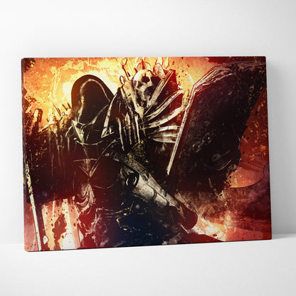 Dark knight skull warrior canvas wall art with fiery red and orange gothic armor and dramatic medieval fantasy lighting