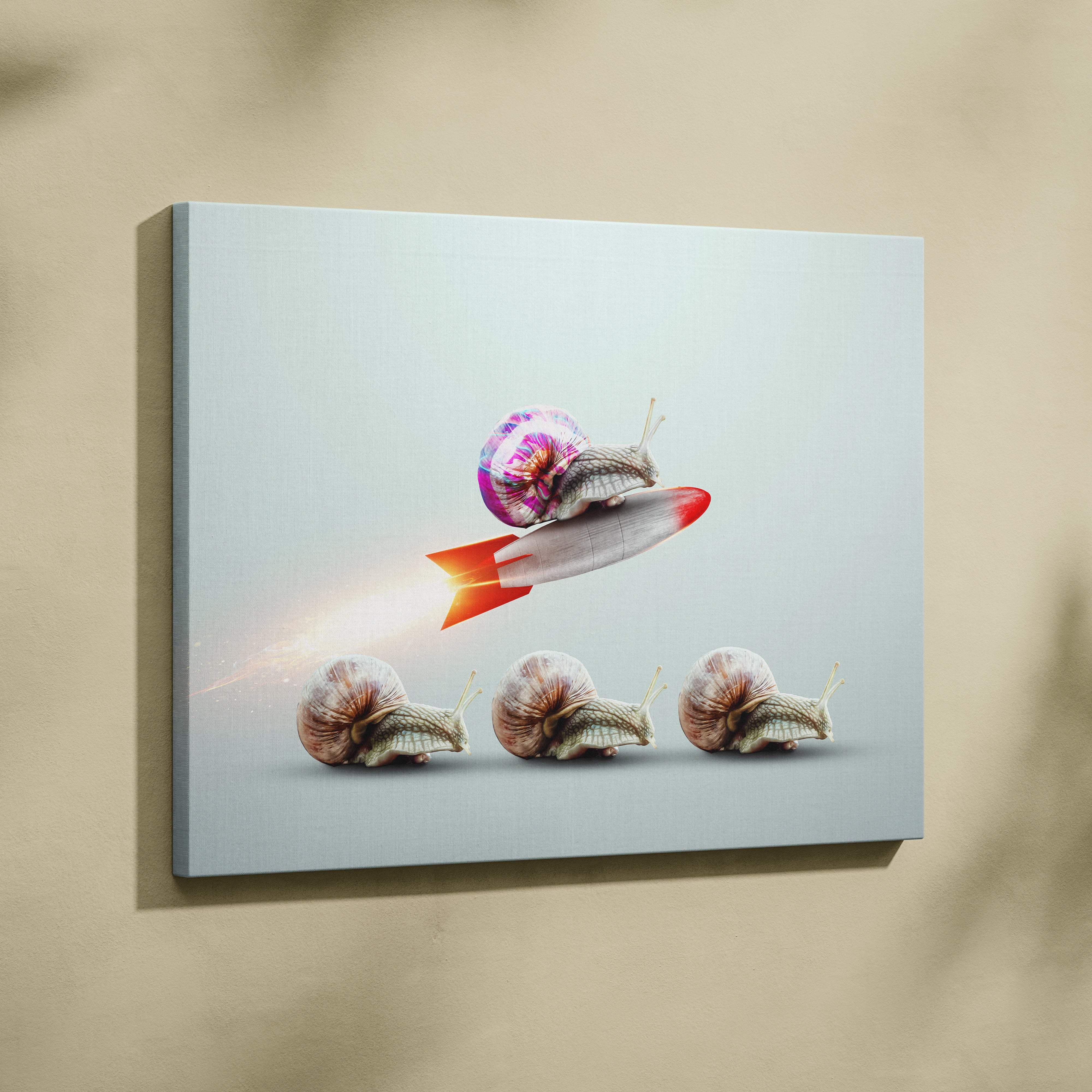 Contemporary rocket snail canvas wall art featuring a colorful snail with iridescent shell on a red-tipped rocket on gray background