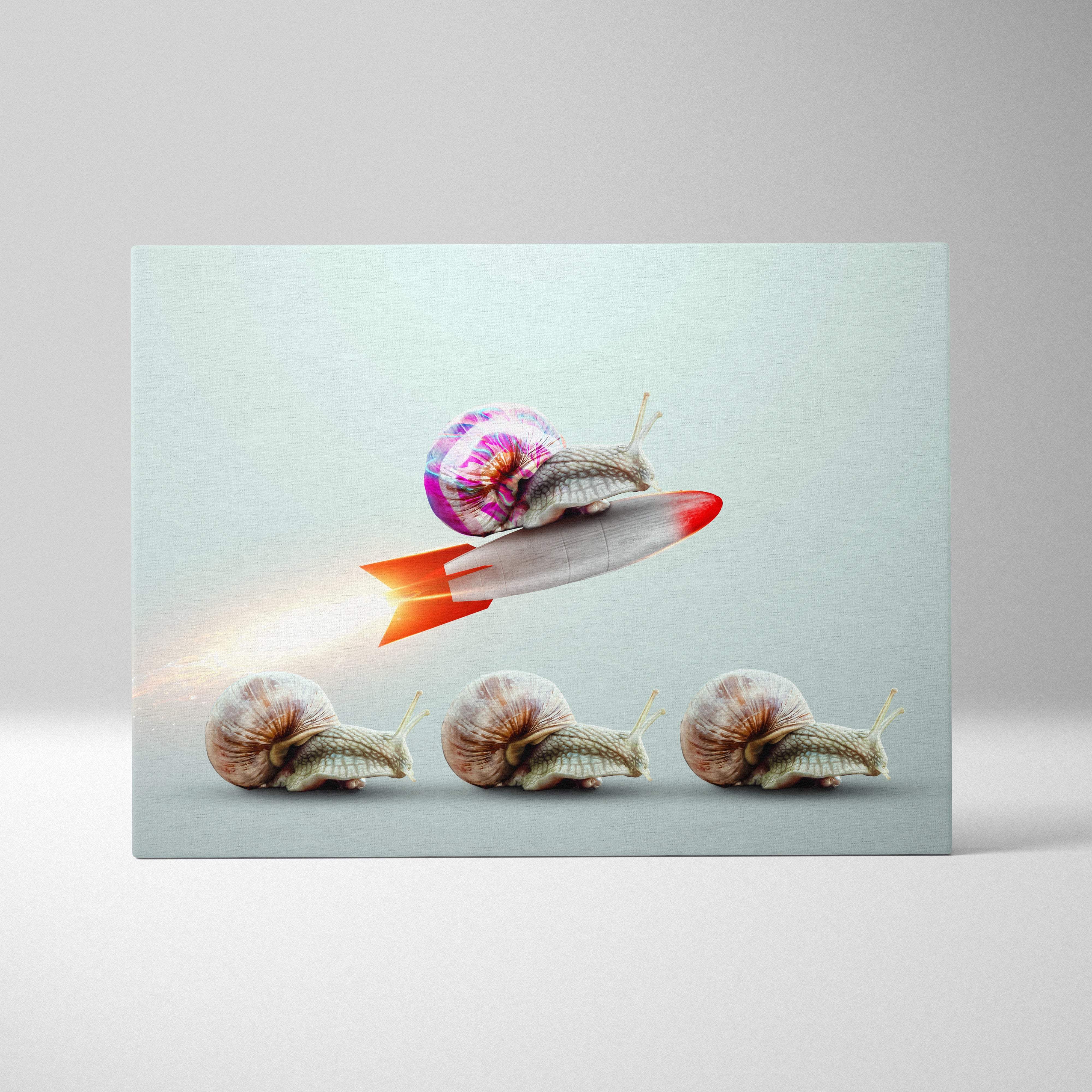 Contemporary rocket snail canvas wall art with whimsical snails and a red finned rocket emitting orange flames for kids room decor