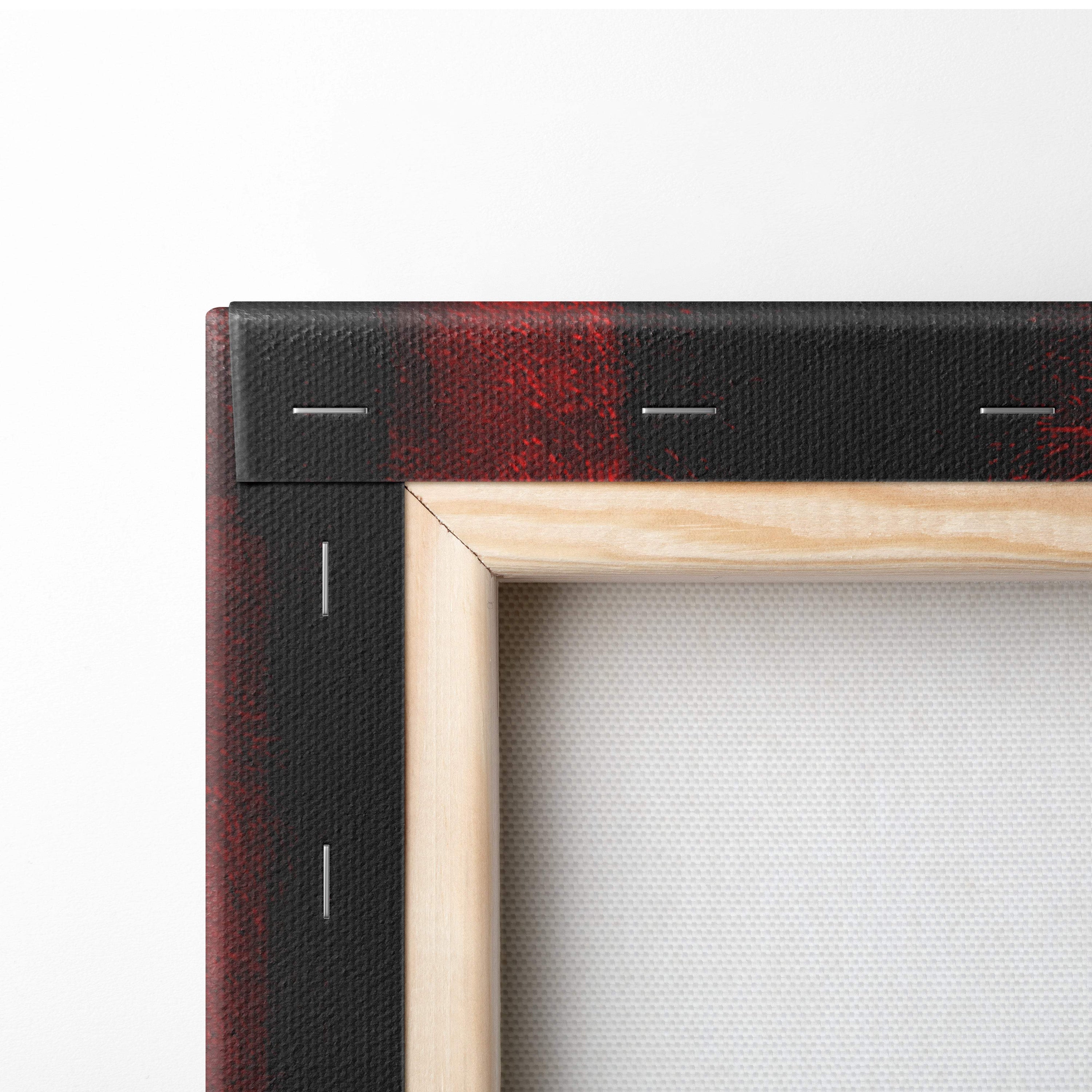 A minimalist wooden frame canvas with black textured border, red brushstrokes, and white stitched edges for samurai art