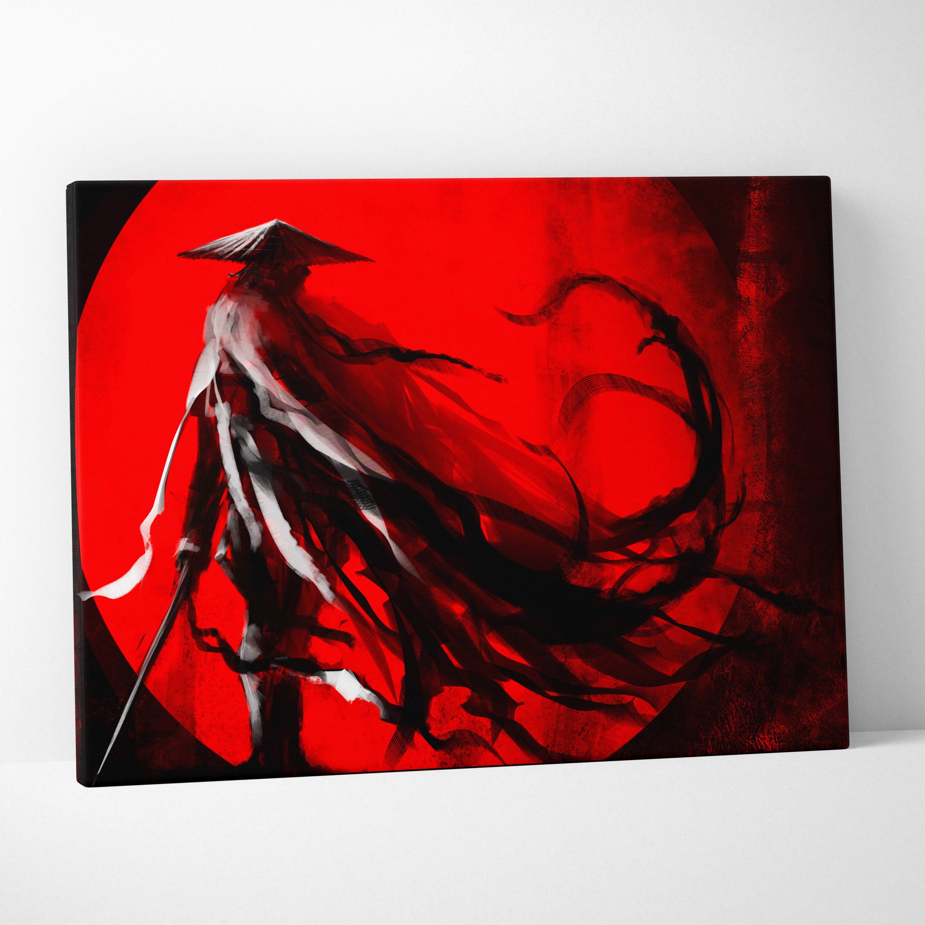 Red samurai canvas print featuring a black and white stylized samurai with a vivid red circular backdrop wall art