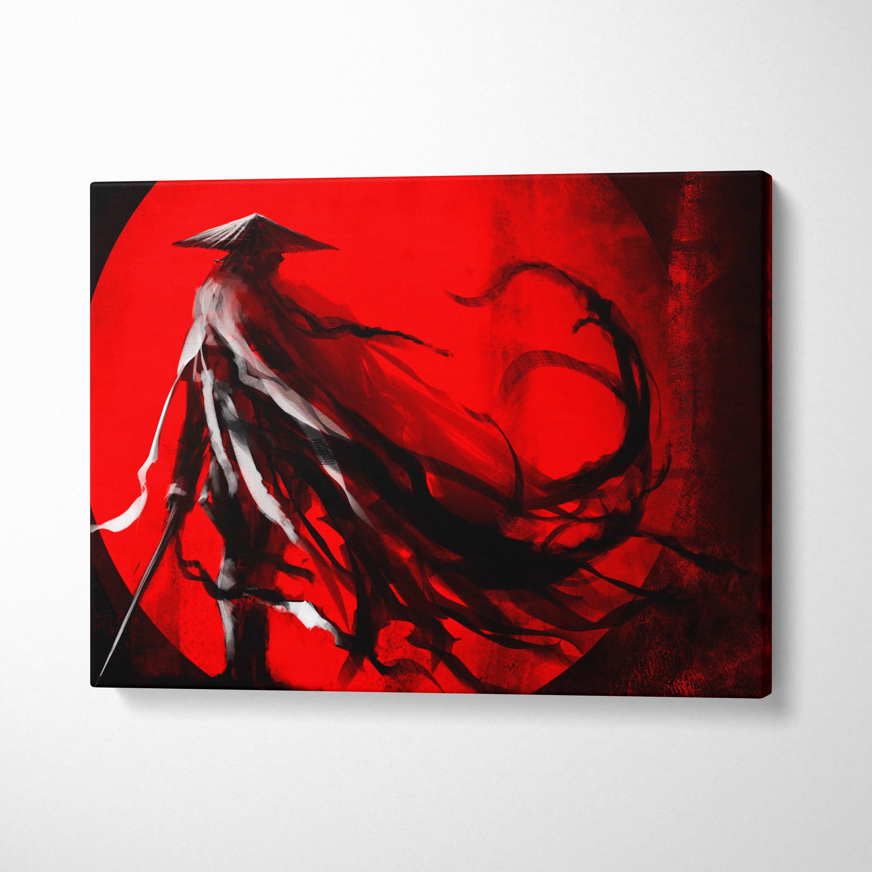 Red samurai canvas print featuring a black and white stylized samurai on a vivid red circular backdrop for martial arts decor