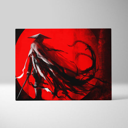 Red samurai canvas print featuring a black and white stylized samurai against a bold red circular backdrop