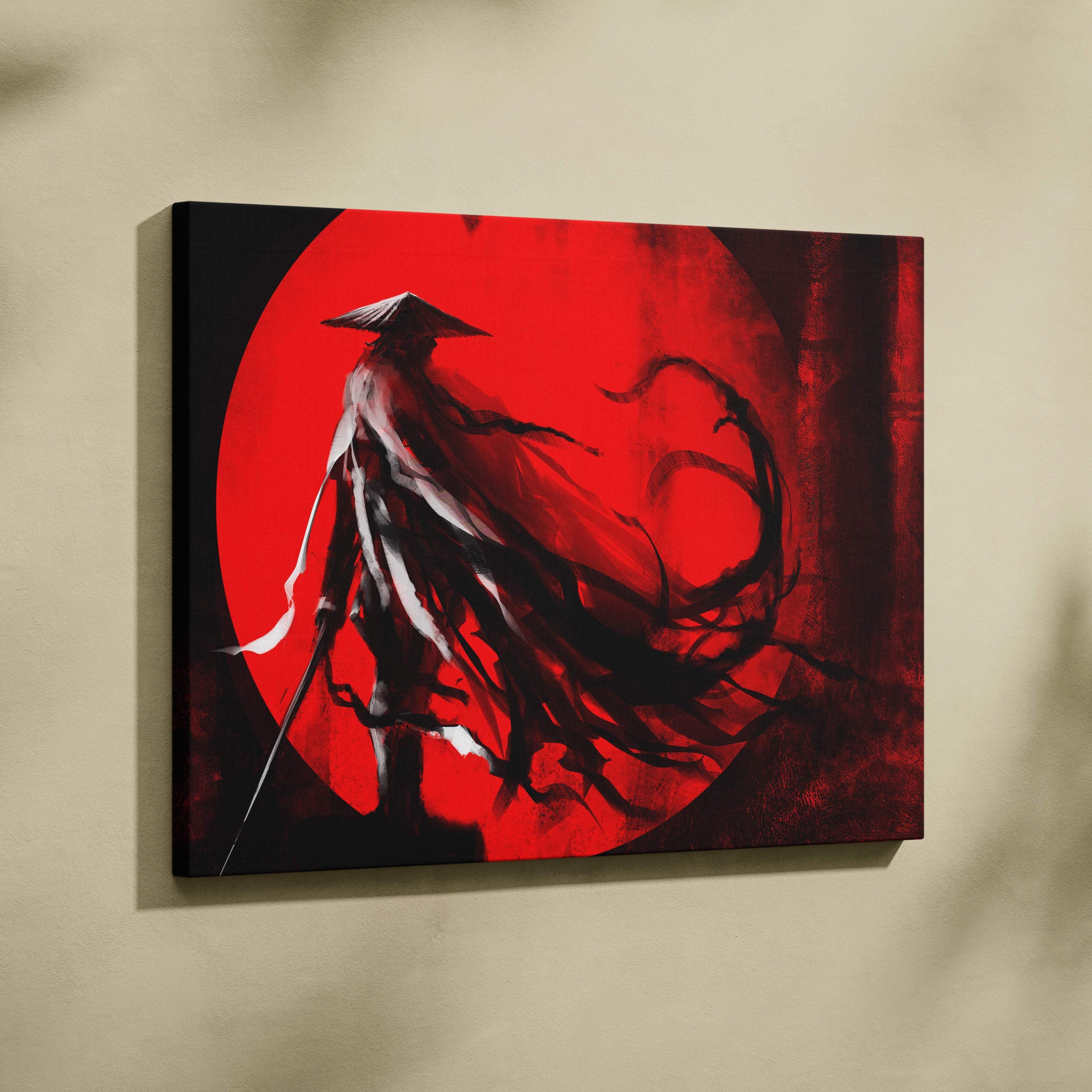 Red samurai canvas print featuring a black ninja silhouette on a bold red circular backdrop for martial arts decor