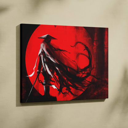 Red samurai canvas print featuring a black ninja silhouette on a bold red circular backdrop for martial arts decor