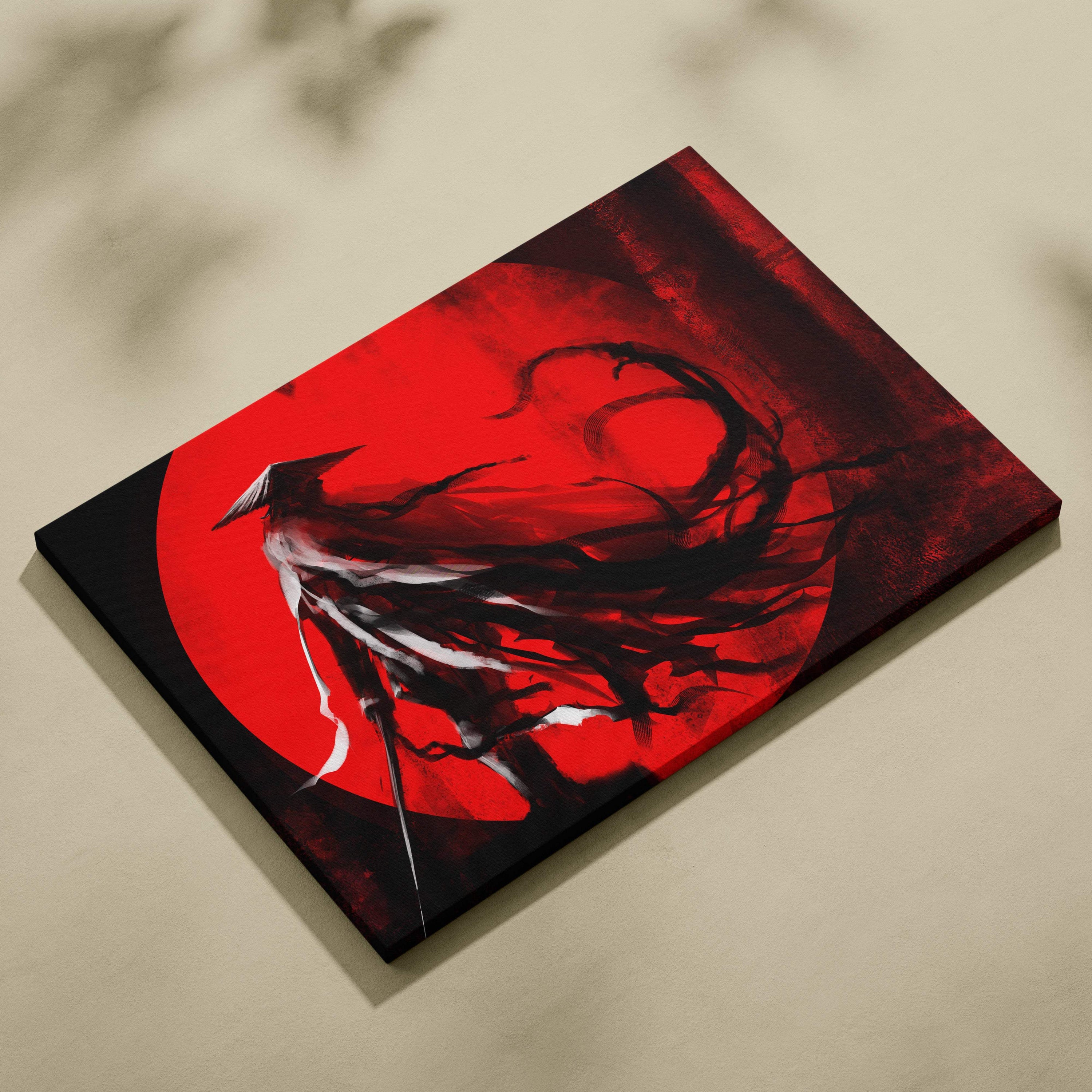 Red samurai canvas print featuring a stylized red and black samurai figure on a bold circular backdrop