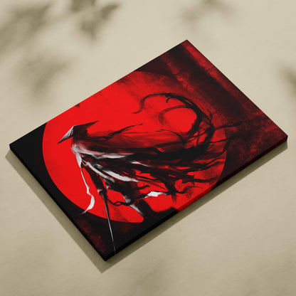 Red samurai canvas print featuring a stylized red and black samurai figure on a bold circular backdrop