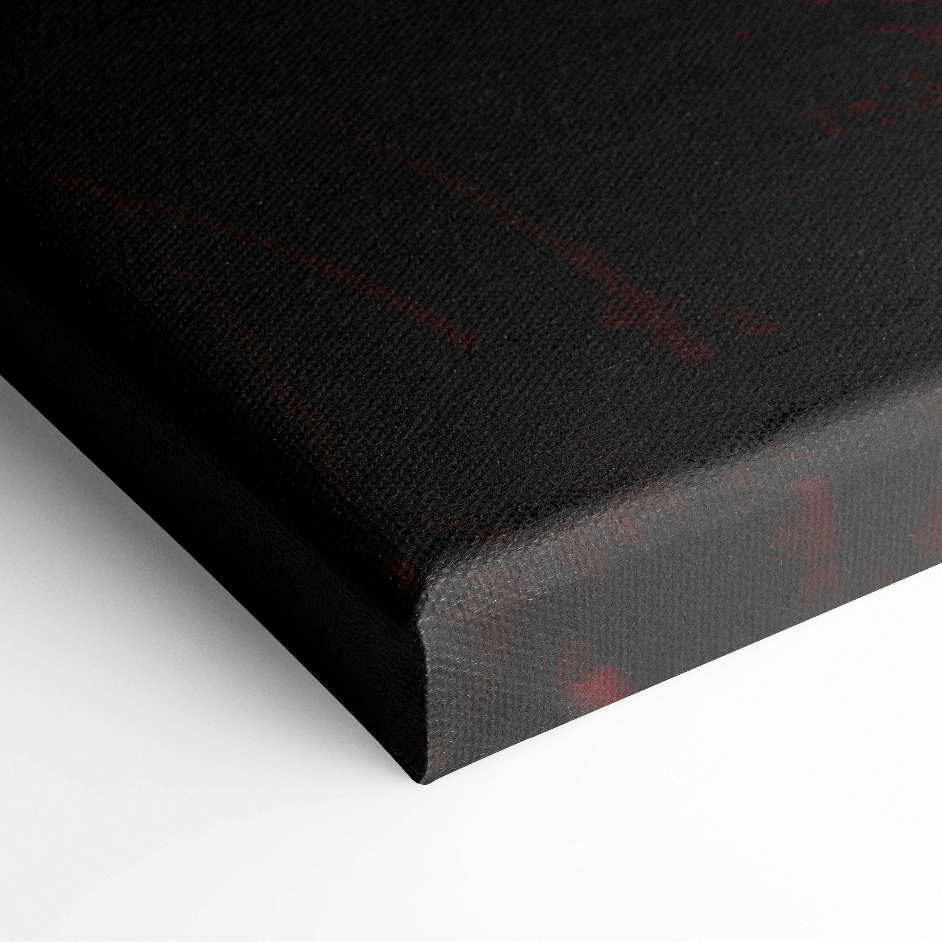 Black canvas print with subtle red abstract markings featuring dramatic samurai battle artwork for martial arts decor